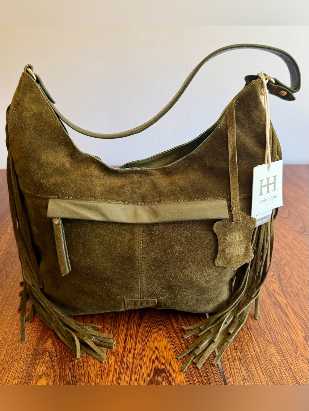 Stunning Haute Hippie Olive Green Suede Fringe Hobo Bag